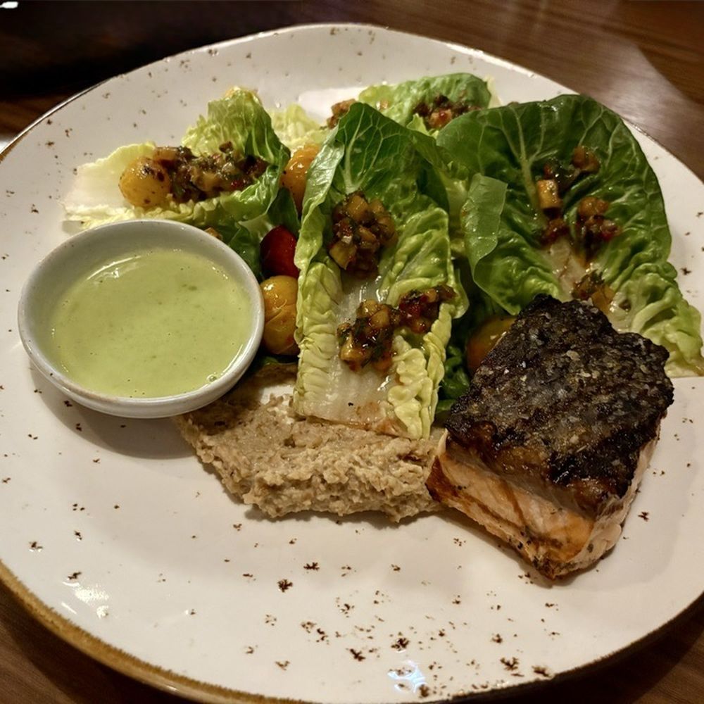 Aftermath Kitchen & Bar - Baby Gem Salad, with grilled Scottish Salmon - New American Near Me - Phoenix, Arizona Aftermath Kitchen & Bar - Baby Gem Salad, with grilled Scottish Salmon - New American Near Me - Phoenix, Arizona