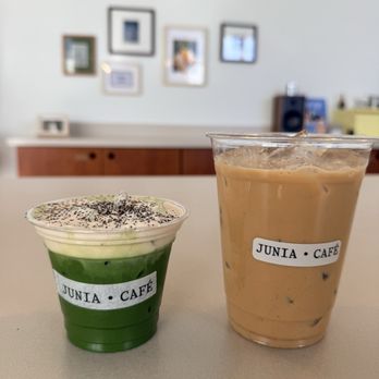 Junia Café - Matcha grey (left) LOVE!!! Toasted Vanilla Latte (right) Mmmm not my fav - Coffee & Tea Near Me - Gardena, California Junia Café - Matcha grey (left) LOVE!!! Toasted Vanilla Latte (right) Mmmm not my fav - Coffee & Tea Near Me - Gardena, California
