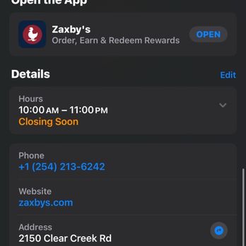 Zaxbys - Screenshot of the time and their store hours posted on Apple Maps - Chicken Wings Near Me - Killeen, Texas