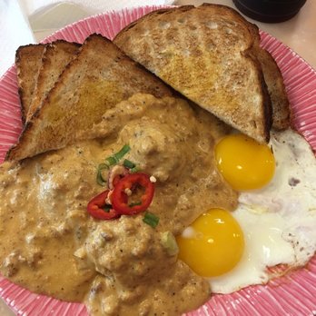 My Cafe - Biscuits in homemade gravy with chorizo, eggs and toast. Verrrry good! Even though it looks otherwise ;) - Breakfast & Brunch Near Me - Kapolei, Hawaii My Cafe - Biscuits in homemade gravy with chorizo, eggs and toast. Verrrry good! Even though it looks otherwise ;) - Breakfast & Brunch Near Me - Kapolei, Hawaii