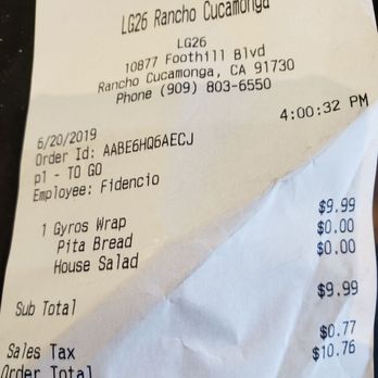 Luna Grill Rancho Cucamonga - Receipt - Mediterranean Near Me - Rancho Cucamonga, California