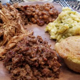 Three meat plate with beans, broccoli and rice casserole, corn muffin