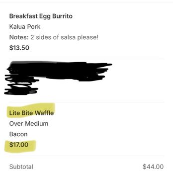 Aloha Stacks - Lite Bite Waffle takeout via their site is $17.00. Robbery. - Breakfast & Brunch Near Me - Mission Viejo, California Aloha Stacks - Lite Bite Waffle takeout via their site is $17.00. Robbery. - Breakfast & Brunch Near Me - Mission Viejo, California