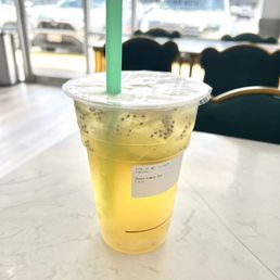 Honey lemon green tea with lychee jelly, Crystal boba and basil seeds, regular ice and sugar 5/5 Honey lemon green tea with lychee jelly, Crystal boba and basil seeds, regular ice and sugar 5/5