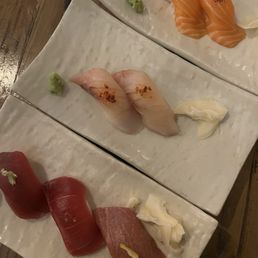 Tuna Flight, Yellowtail Chilli Crunch, Toro Salmon