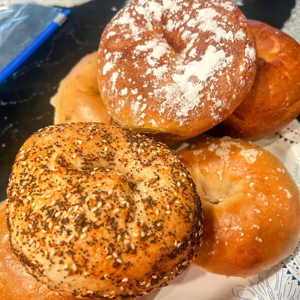 Spicy Everything and a French Toast bagel on top. Salted, Plain and Jalapeno underneath.