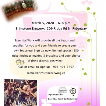Brimstone Brewery - Join us for a fun evening of bracelet making and beer sampling. - Brewpubs Near Me - Ridgeway, Ontario Brimstone Brewery - Join us for a fun evening of bracelet making and beer sampling. - Brewpubs Near Me - Ridgeway, Ontario