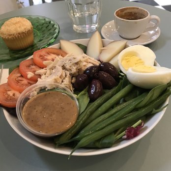 Bonjour Bakery & Bistro - Salad Nicoise, an espresso and a coconut cupcake. - Bakeries Near Me - Kalispell, Montana Bonjour Bakery & Bistro - Salad Nicoise, an espresso and a coconut cupcake. - Bakeries Near Me - Kalispell, Montana