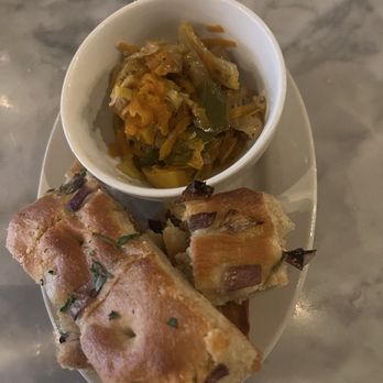 Enoteca Maria - Complimentary focaccia with peppers - Italian Near Me - Staten Island, New York Enoteca Maria - Complimentary focaccia with peppers - Italian Near Me - Staten Island, New York