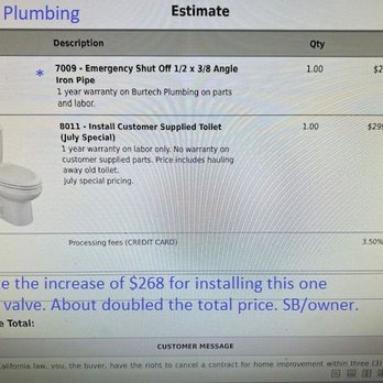 Burtech Plumbing - Revised price estimate with double the price with small valve install. - Plumbing Near Me - Encinitas, California