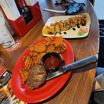 Drake's Keystone - Filet with crab Rangoon and a side of sweet potato fries - Sushi Bars Near Me - Indianapolis, Indiana Drake's Keystone - Filet with crab Rangoon and a side of sweet potato fries - Sushi Bars Near Me - Indianapolis, Indiana