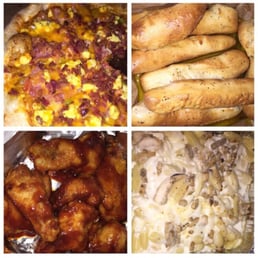 Breakfast pizza, breadsticks, BBQ chicken wings and chicken alfredo with parmesan bread sticks