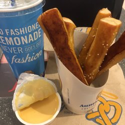 Auntie Annes Pretzels - Pretzel sticks and cheese with lemonade yummy. The cheese needs improvement though.