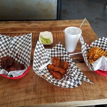 Kickin Wings - This is the $10 lunch special on the left is wicked raspberry and on the right is Carolina BBQ with waffle fries drink and celery. - Chicken Wings Near Me - Wheat Ridge, Colorado Kickin Wings - This is the $10 lunch special on the left is wicked raspberry and on the right is Carolina BBQ with waffle fries drink and celery. - Chicken Wings Near Me - Wheat Ridge, Colorado