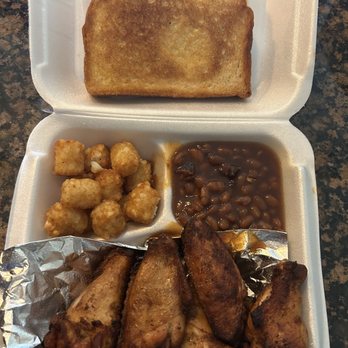 Wicked Oak Barbeque - Smoked chicken wings, tator tota, baked beans, and texas toast. - Barbeque Near Me - Tampa, Florida