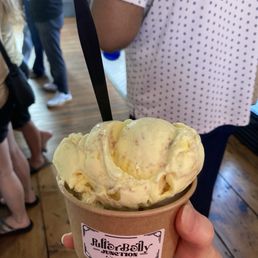 Single scoop in a dish - lemon bar and blueberry waffle cone