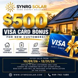 SYNRG Solar - Home Energy Solutions - Go solar with SYNRG Solar and receive a $500 Visa Gift Card! Choose from cash, PPA, lease, or financing options. Lower your energy costs and