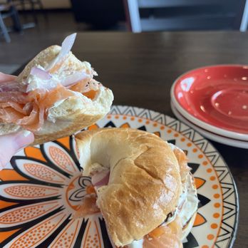 Red Eye Cafe - Smoked salmon bagel with cream cheese and onion - Donuts Near Me - Cambridge, Ontario