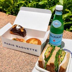 Paris Baguette - Smoke sausage bread, crab meat croquette, s'mores supreme croissant. Turkey avocado sandwich. Sparkling Perrier water.
