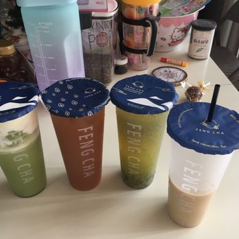 Feng Cha Teahouse - Takeout order for 6/8/23 of Matcha Breeze with Cheese Foam, Fresh Lemon Black Tea, Kiwi Basil Green Tea, and Oolong Milk Tea - Bubble Tea Near Me - Costa Mesa, California