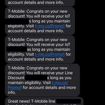 T-Mobile - Messages - The image shows a screenshot of a text message conversation from T-Mobile, with multiple messages about new discounts, eligibility, and account details. The messages include links to promotional pages and mention billing credits for Apple Activate ID and SyncUP Tracker P1. The messages are repeated, emphasizing the benefits and eligibility requirements. The screenshot displays the time as 9:31, with the phone connected to Wi-Fi and showing five unread notifications. - Mobile Phones Near Me - Sandy, Utah
