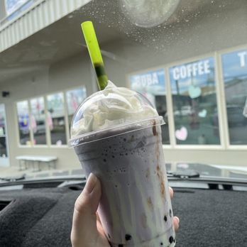 Tea Time Hawaii - Taro Milk Tea with Condensed Syrup walls and Large Boba - Coffee & Tea Near Me - Hilo, Hawaii