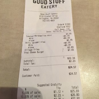 Good Stuff Eatery - My first visit receipt - Burgers Near Me - Arlington, Virginia Good Stuff Eatery - My first visit receipt - Burgers Near Me - Arlington, Virginia