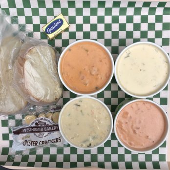 Pike Place Chowder - seafood bisque, market chowder (halibut and corn), seared scallop, smoked salmon - Seafood Near Me - Seattle, Washington Pike Place Chowder - seafood bisque, market chowder (halibut and corn), seared scallop, smoked salmon - Seafood Near Me - Seattle, Washington