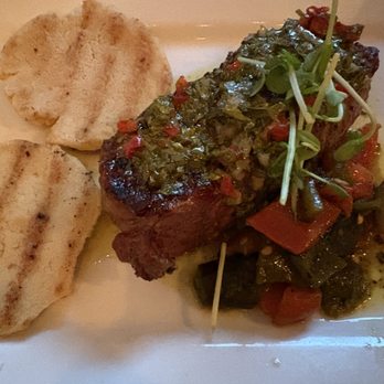 Plate - NY strip steak with arepas and fire roasted poblano peppers and chimichurri - American Near Me - Stowe, Vermont