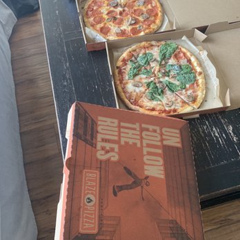 Blaze Pizza - Left to right. Pepperoni and mushrooms, spinach and mushrooms and chicken and bell peppers. - Pizza Near Me - South Pasadena, California Blaze Pizza - Left to right. Pepperoni and mushrooms, spinach and mushrooms and chicken and bell peppers. - Pizza Near Me - South Pasadena, California