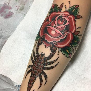 Pastime Tattoo - Scorpion and rose on my calf by Nate! - Tattoo Near Me - San Leandro, California Pastime Tattoo - Scorpion and rose on my calf by Nate! - Tattoo Near Me - San Leandro, California
