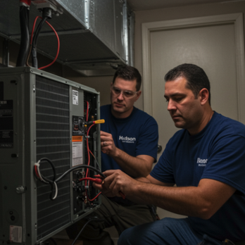 Hudson Condominium Solutions - Two Hudson technicians connecting a new heat pump unit in a house - Heating & Air Conditioning/HVAC Near Me - Toronto, Ontario Hudson Condominium Solutions - Two Hudson technicians connecting a new heat pump unit in a house - Heating & Air Conditioning/HVAC Near Me - Toronto, Ontario