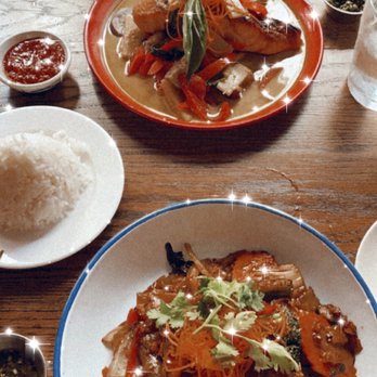 Thailicious - Salmon curry, pad kee mao, steamed white rice, prik nam pla - Thai Near Me - New York, New York Thailicious - Salmon curry, pad kee mao, steamed white rice, prik nam pla - Thai Near Me - New York, New York