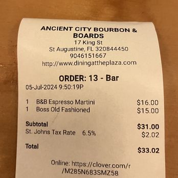 Bourbon & Boards - Receipt - Bars Near Me - St. Augustine, Florida