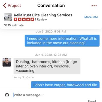 ReliaTrust Elite Cleaning Services - Conversation with owner confirming oven interior is included. - Home Cleaning Near Me ReliaTrust Elite Cleaning Services - Conversation with owner confirming oven interior is included. - Home Cleaning Near Me