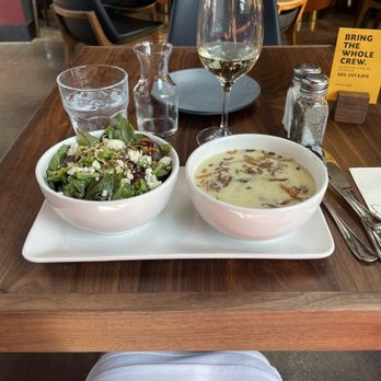 Postino Bryker Woods - Pic 2: mixed green salad and potato leek soup - Wine Bars Near Me - Austin, Texas