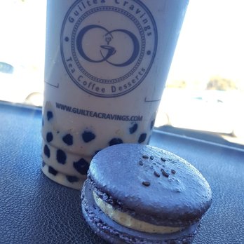 Guiltea Cravings - House milk tea with boba and a black sesame macaron - Coffee & Tea Near Me - San Diego, California