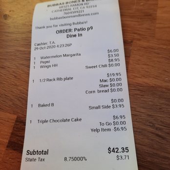 Bubba’s Bones & Brews - Receipt - Gastropubs Near Me - Cathedral City, California