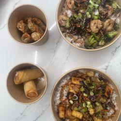 Wokworks Margate - From Top Left, Crispy Veg Dumplings, Honey Garlic Shrimp, Crispy Spring Rolls, Spicy Orange Tofu