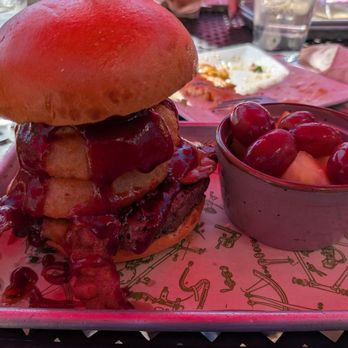 OTB at the Boathouse - BBQ onion rings burger... overall pretty good. Side of fruit was tasty. - American Near Me - Allison Park, Pennsylvania OTB at the Boathouse - BBQ onion rings burger... overall pretty good. Side of fruit was tasty. - American Near Me - Allison Park, Pennsylvania