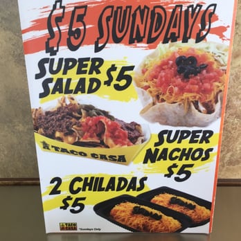 Taco Casa - The $5 Sundays deal is great! Taco Super Salad or Super Nachos or 2 Chiladas for $5 each - Tex-Mex Near Me - Norman, Oklahoma Taco Casa - The $5 Sundays deal is great! Taco Super Salad or Super Nachos or 2 Chiladas for $5 each - Tex-Mex Near Me - Norman, Oklahoma
