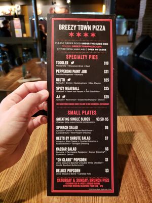 Photo of Breezy Town Pizza - Seattle, WA, US. Current menu (10.27.18)
