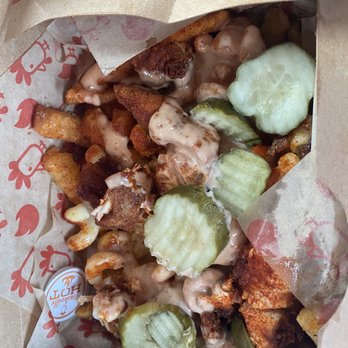 Urban Bird Hot Chicken - URBAN FRIES Large Fry topped with Mac & Cheese, 2 chopped Jumbo Tenders, Bird Sauce, and Pickles. $12 - Chicken Shop Near Me - Katy, Texas Urban Bird Hot Chicken - URBAN FRIES Large Fry topped with Mac & Cheese, 2 chopped Jumbo Tenders, Bird Sauce, and Pickles. $12 - Chicken Shop Near Me - Katy, Texas