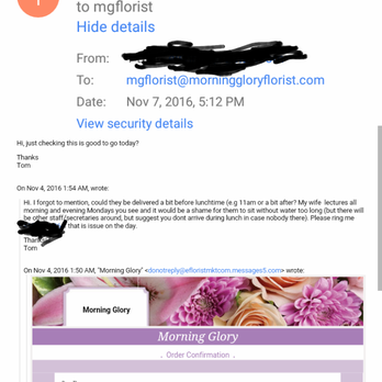 Morning Glory - The emails that were never responded to. (Note email times are local to GMT London time). - Florists Near Me - Novato, California
