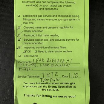Richmond American Homes - Southwest Gas Tech. Mr. Tyler Taylor receipt noting gas leak repairs - General Contractors Near Me - Phoenix, Arizona Richmond American Homes - Southwest Gas Tech. Mr. Tyler Taylor receipt noting gas leak repairs - General Contractors Near Me - Phoenix, Arizona