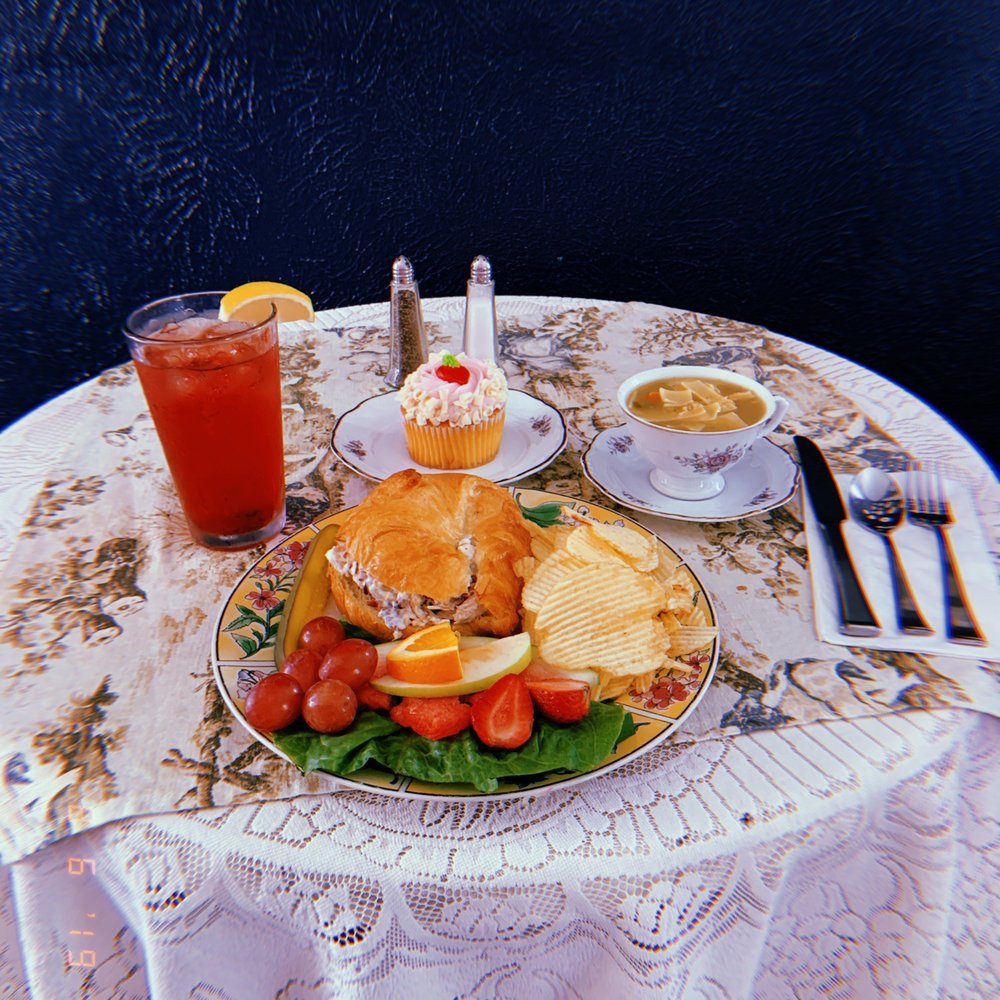 The Tea Room - Signature chicken salad with an amazing chicken noodle soup. Hibiscus tea and and a strawberry cupcake to top it all off. - Tea Rooms Near Me - Mission, Texas The Tea Room - Signature chicken salad with an amazing chicken noodle soup. Hibiscus tea and and a strawberry cupcake to top it all off. - Tea Rooms Near Me - Mission, Texas
