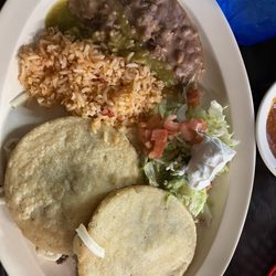 Rico's Cafe - Picadillo Gorditas, rice, beans, salad (with a dollop of guacamole & small scoop of sour cream)