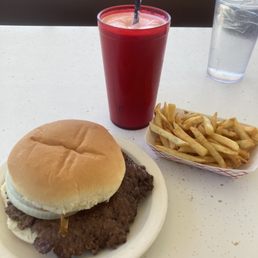 Single steak burger, fries and cherry milkshake