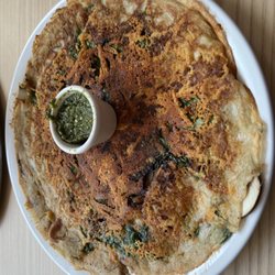 PANCAKES Amsterdam - Savory Dutch pancake with spinach, pesto, egg, bacon, and onions