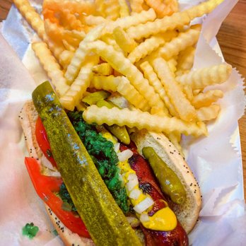 The Hat Chicago - Chicago Style Char Dog // dragged through the garden served with a side a french fries - Burgers Near Me - Chicago, Illinois The Hat Chicago - Chicago Style Char Dog // dragged through the garden served with a side a french fries - Burgers Near Me - Chicago, Illinois